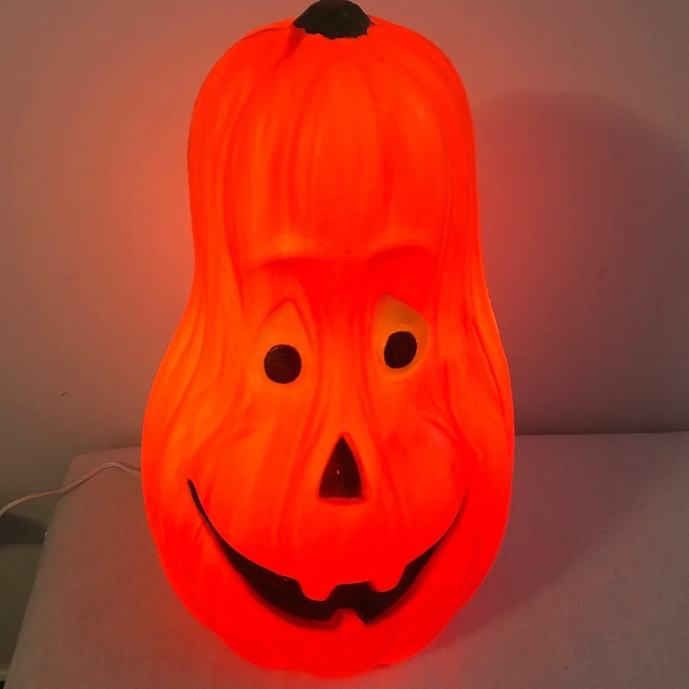 Vintage Lighted Halloween Blow Mold Happy Pumpkin Gourd Yellow Eyes 21” Tall